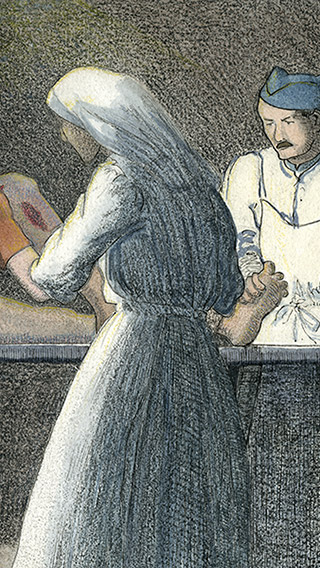 L’image est une esquisse à l’aquarelle et au crayon où on voit un soldat souffrant de gangrène; l’infirmière est en train d’ouvrir les blessures pour en faciliter le drainage. Il s’agit d’une esquisse créée par Katharine McLennan en 1917 à l’Hôpital d’évacuation no 18 à Vasseny, en France, où elle a servi en tant qu’aide-infirmière pendant la Première Guerre mondiale.