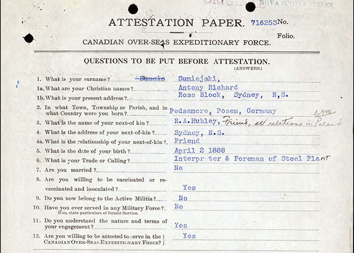 Page tirée du dossier de service d’Anthony Sumiejski du Corps expéditionnaire canadien, Première Guerre mondiale.