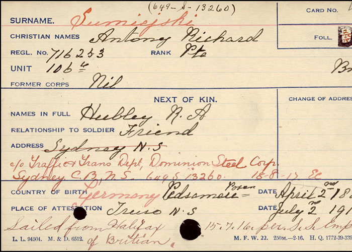 Page tirée du dossier de service d’Anthony Sumiejski du Corps expéditionnaire canadien, Première Guerre mondiale.