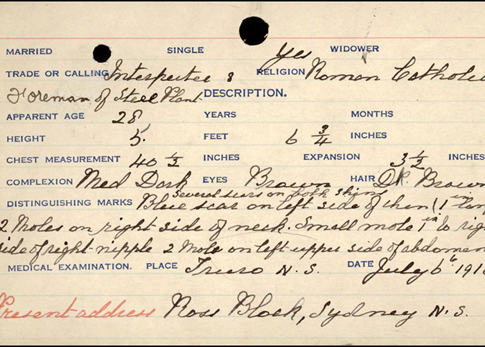 Page tirée du dossier de service d’Anthony Sumiejski du Corps expéditionnaire canadien, Première Guerre mondiale.