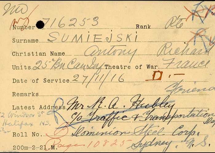 Page tirée du dossier de service d’Anthony Sumiejski du Corps expéditionnaire canadien, Première Guerre mondiale.