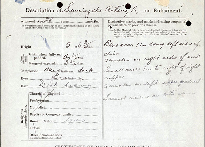 Page tirée du dossier de service d’Anthony Sumiejski du Corps expéditionnaire canadien, Première Guerre mondiale.