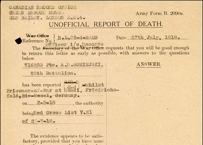 Page tirée du dossier de service d’Anthony Sumiejski du Corps expéditionnaire canadien, Première Guerre mondiale.