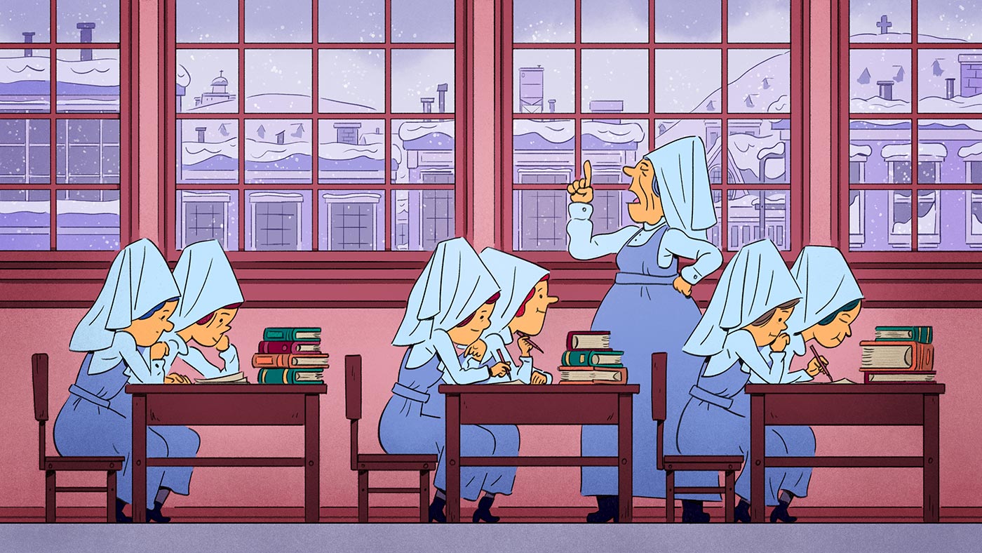 Helen Kendall is one of six young female nursing students sitting in class taking notes while listening to a lecture from an instructor. All women are wearing nursing uniforms. Windows of classroom show a snowy city cityscape. 