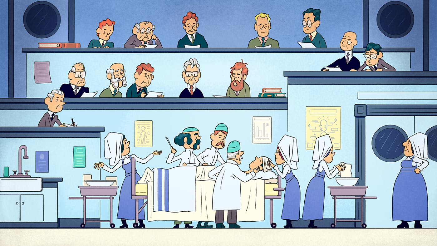Three student nurses, including Helen, are attending the three operating doctors, while their nurse instructor oversees their work. Their work is taking place in the operating theatre of the Royal Victoria Hospital in Montreal. There are thirteen men seated in a viewing gallery above, may taking notes.