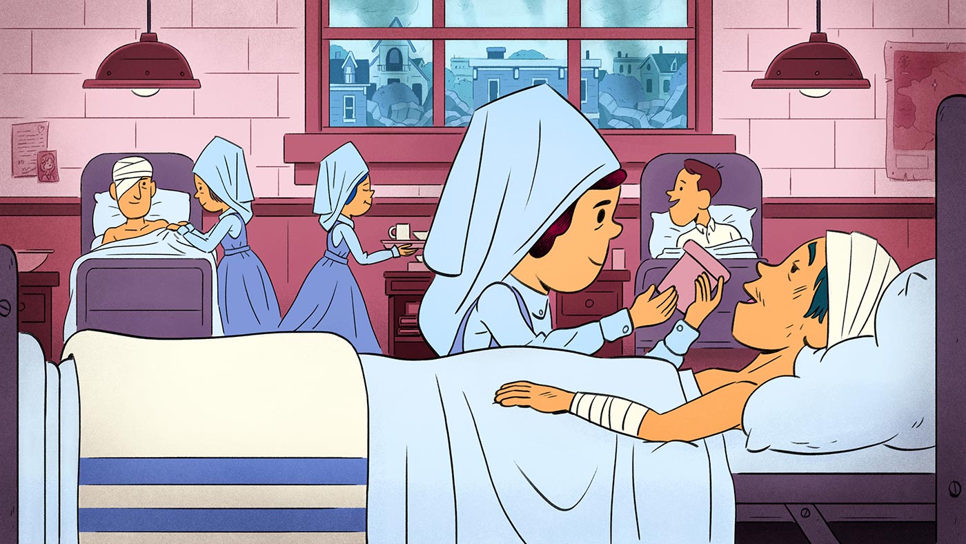 A busy hospital ward shows three soldiers with different bandages, each with a nurse tending to their needs. Helen Kendall is in the foreground assisting a soldier with a drink. Large windows who the exterior cityscape. 