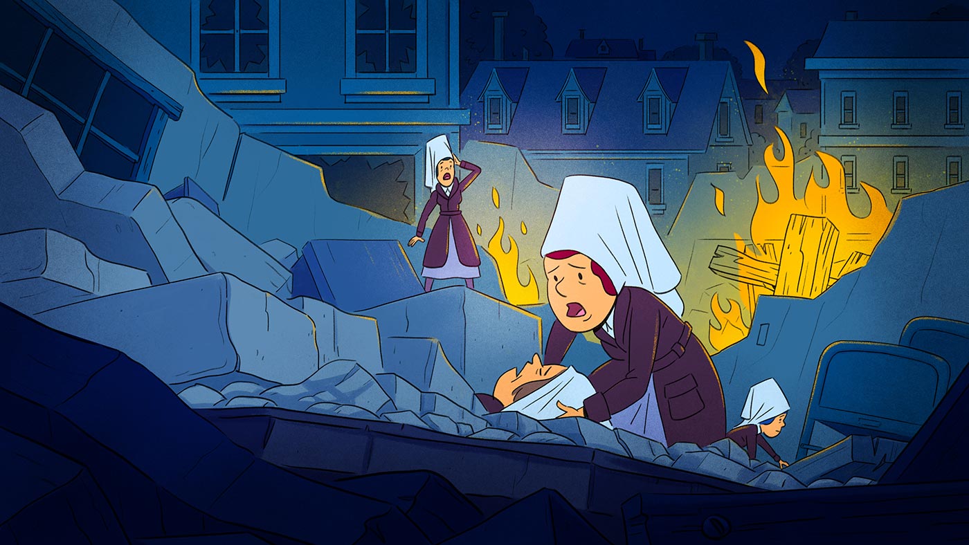 While stationed in St. Omer and later Étaples Helen Kendall underwent heaving bombing.  Two nurses surrounded by rubble and fire look distressed. Helen is in the foreground assisting another nurse injured in the rubble, while a third nurse in the background looks down through the rubble. 
