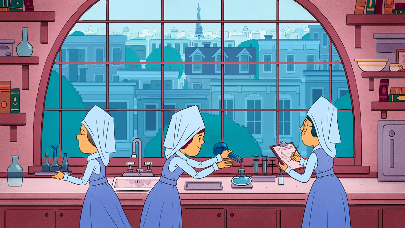 Three nurses in uniform are working in a laboratory. Helen is in the middle and fills a vial with the contents of another nurse takes notes. The third nurse carries a tray of vials away from them. Large windows show a cityscape with the Eiffel Tower in the distance. 