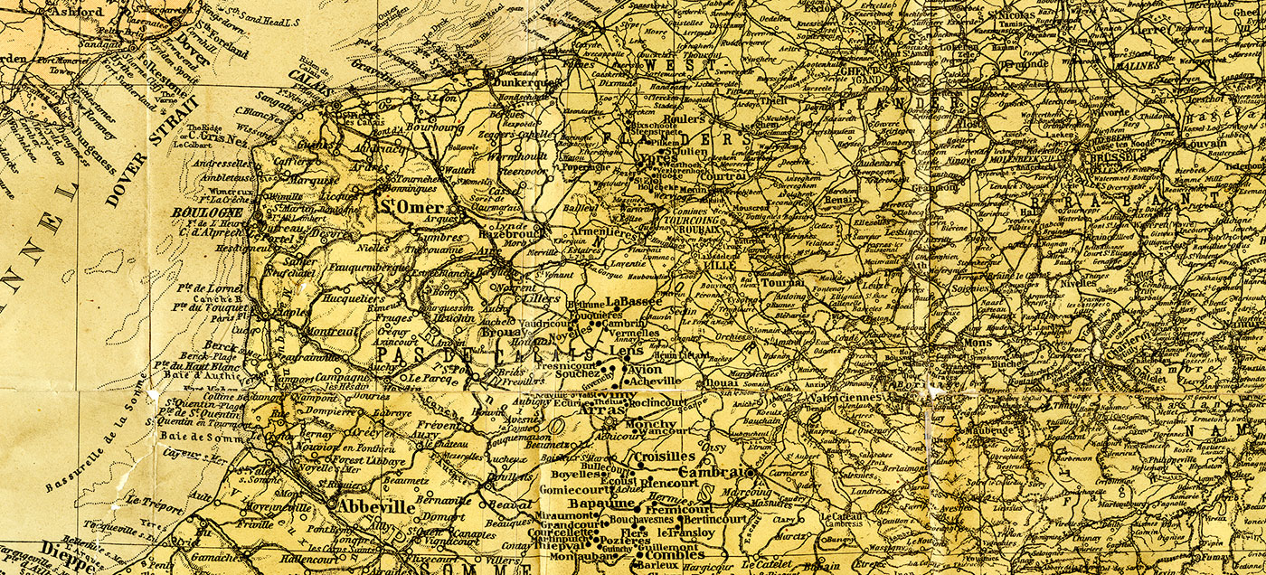 Coloured war map depicting the many small towns in rural France; includes Vimy.