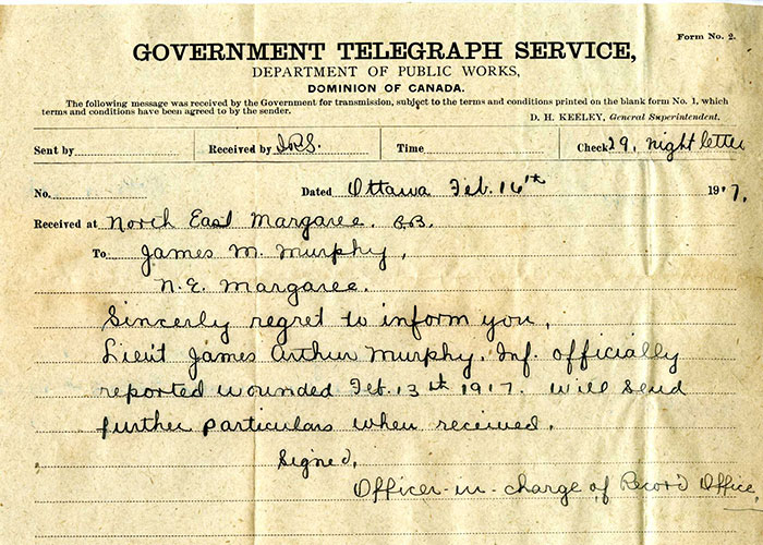 Sepia telegram with official letterhead from the Government Telegraph Service. There is a handwritten message.