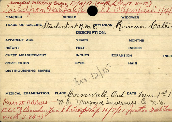 Page taken from the service file of Lieutenant James Murphy of the Canadian Expeditionary Force, First World War.