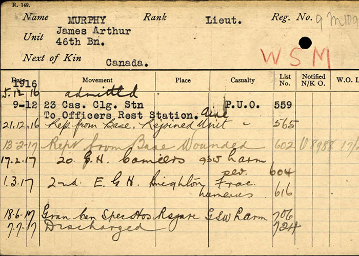 Page taken from the service file of Lieutenant James Murphy of the Canadian Expeditionary Force, First World War.