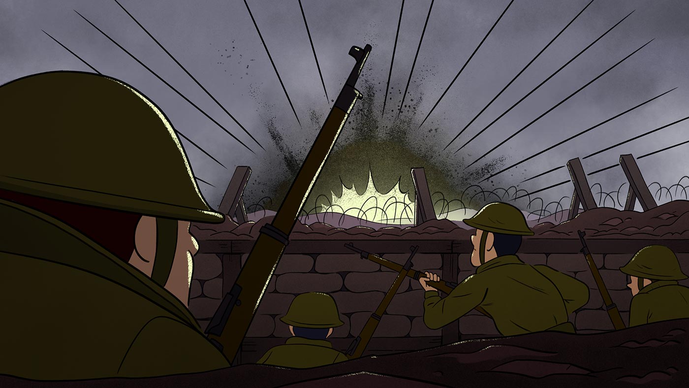 JR and three uniformed soldiers with rifles in hand are crouching down in a trench, waiting to advance their positions in the battlefield as a large explosion and gunfire erupts in the near distance.
