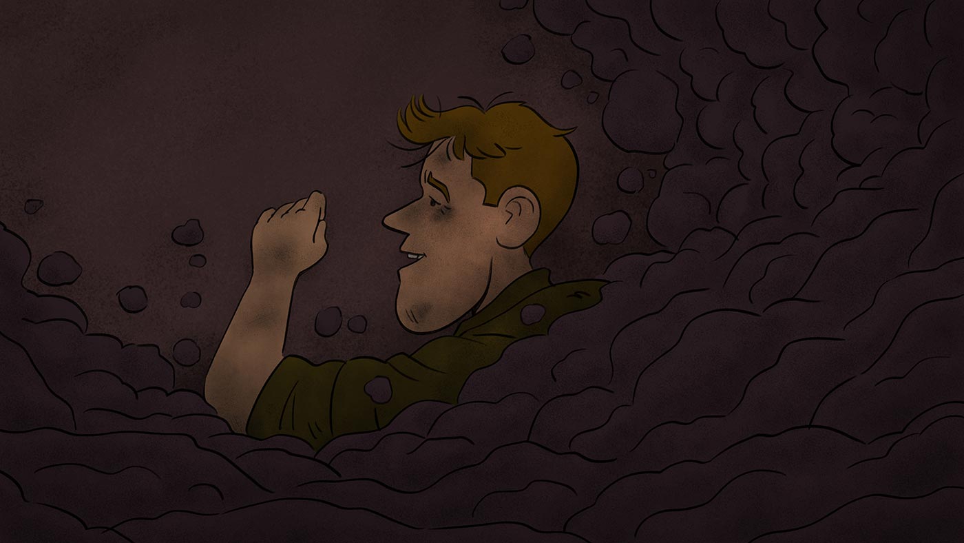 JR emerges from a tunnel surrounded by darkness and rubble, covered in dirt but relieved to reach the surface above ground.
