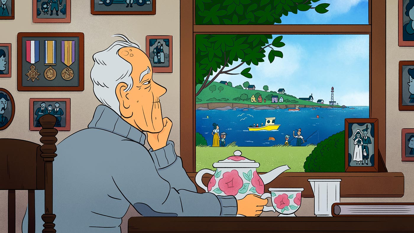 JR is pictured as an elderly man in his home in Cape Breton. He sits alone at a table with a cup and a pot of tea, looking pensively out the window at the community and scenery in the background on a beautiful sunny day. Family photographs and war service medals hang in a gallery on the wall behind him.