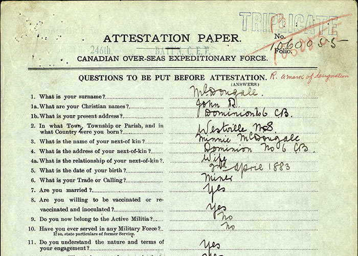 Page taken from the service file of Tunneller J.R. McDougall of the Canadian Expeditionary Force, First World War. This document is the first page of his Attestation Paper and lists personal details at the time of enlistment.