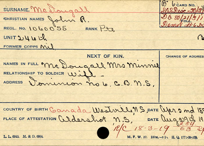 Page taken from the service file of Tunneller J.R. McDougall of the Canadian Expeditionary Force, First World War.