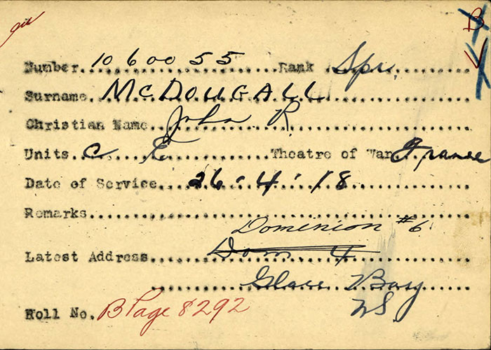 Page taken from the service file of Tunneller J.R. McDougall of the Canadian Expeditionary Force, First World War. This document is the first page of his Attestation Paper and lists personal details at the time of enlistment.