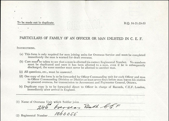 Page taken from the service file of Tunneller J.R. McDougall of the Canadian Expeditionary Force, First World War.