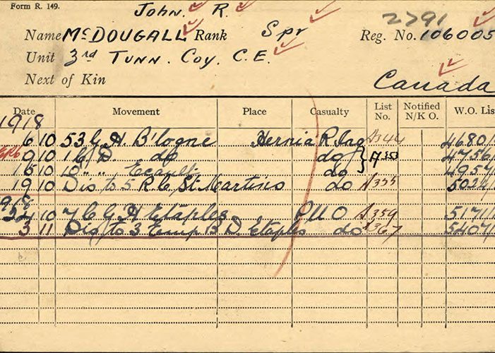 Page taken from the service file of Tunneller J.R. McDougall of the Canadian Expeditionary Force, First World War.